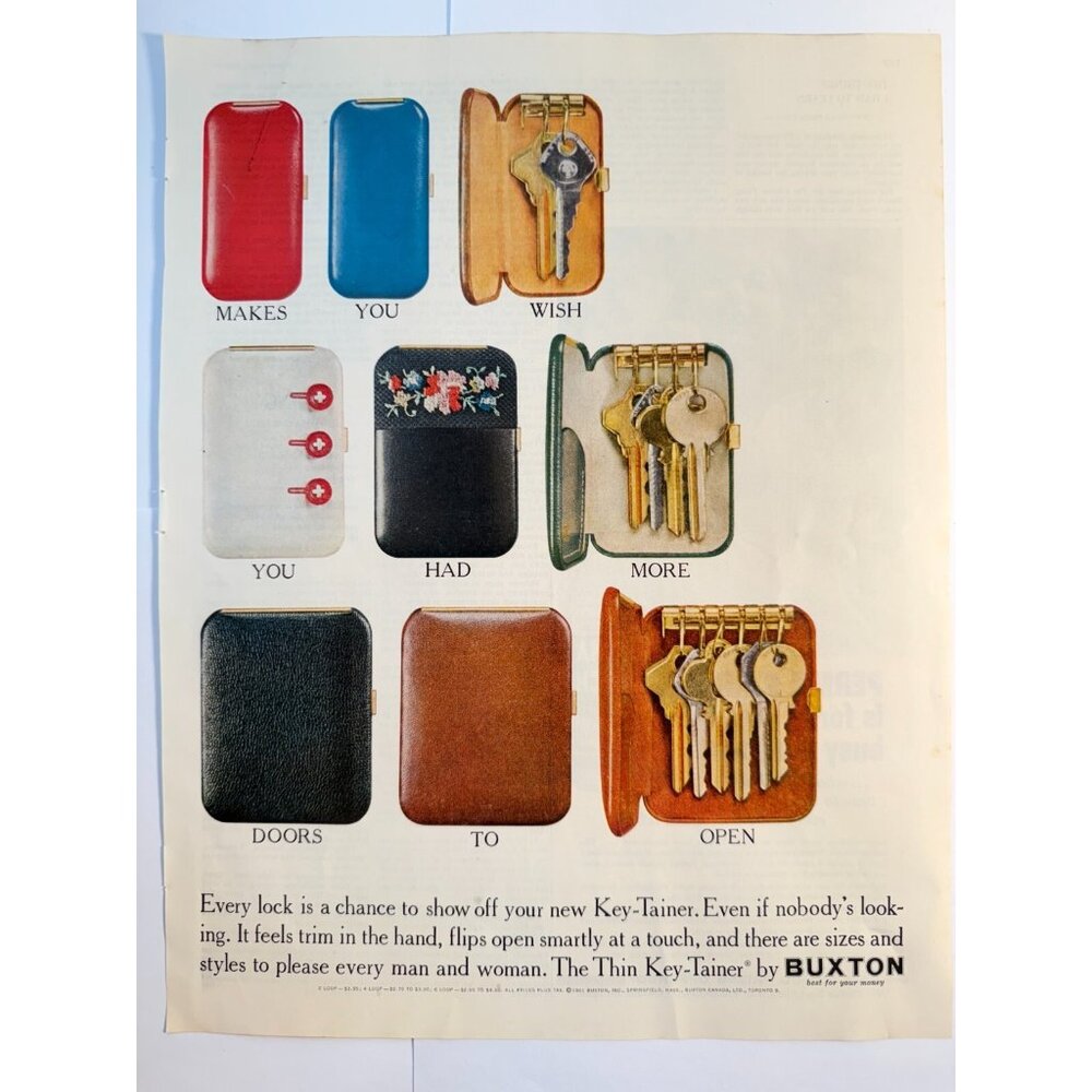 Vintage 1961 Buxton Key-Tainer Organizer Advertisement Print Ad